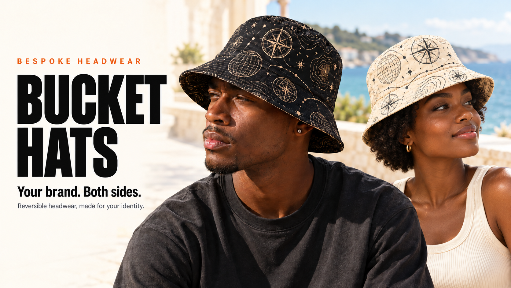 Models wearing black and beige reversible bucket hats with compass and globe patterns