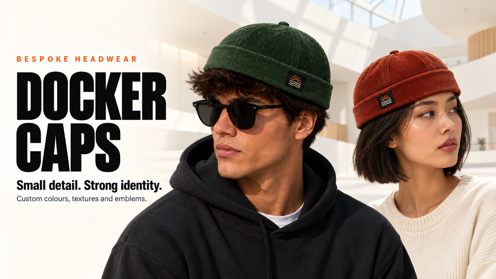 Models wearing green and rust corduroy docker caps with sun and wave emblems
