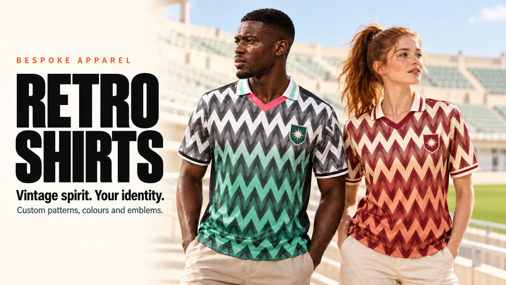 Models wearing mint and burgundy retro shirts with diamond patterns and shield emblems
