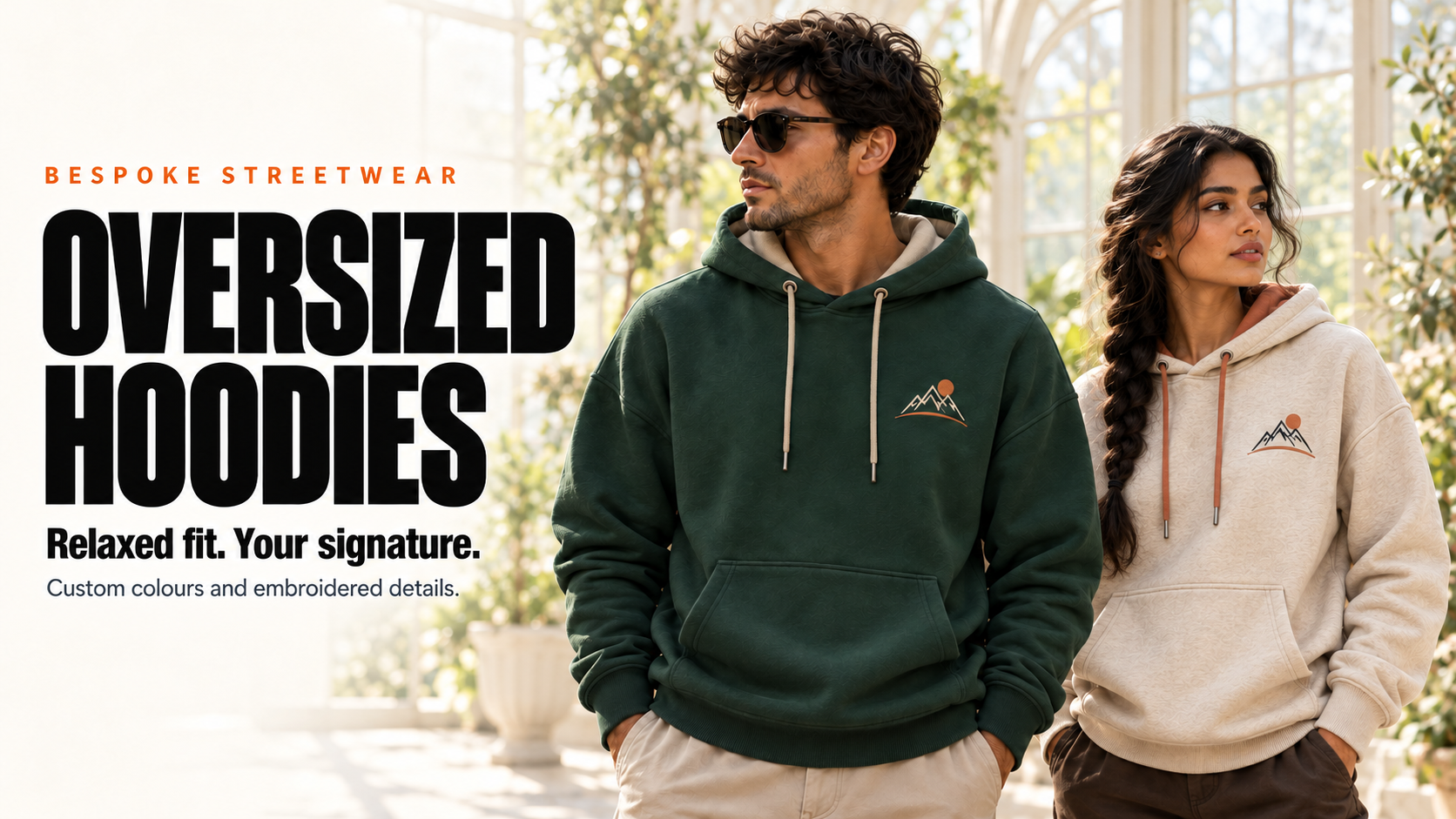 Models wearing green and oatmeal oversized hoodies with mountain and sun emblems